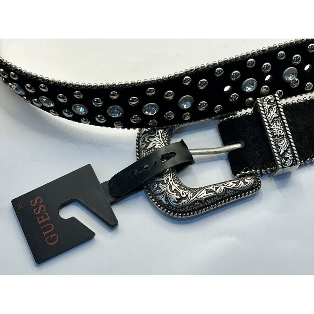Guess Black Belt Women's XL Silver Studs Rhinestones Western Embellished NEW